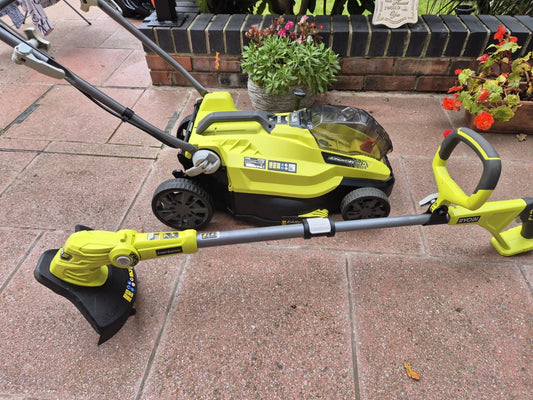 RYOBI 18V LAWN MOWER WITH STRIMMER , BATTERY & CHARGER