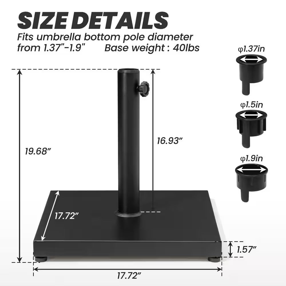 40 Lbs. Concrete Patio Umbrella Base in Black Weighted Outdoor Market Umbrella Stand Fits Umbrella Poles 1.37 - 1.9 In.