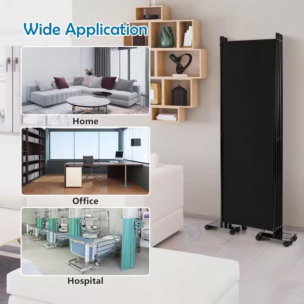 6-Panel Folding Room Divider 6 Ft. Rolling Privacy Screen with Lockable Wheels Black