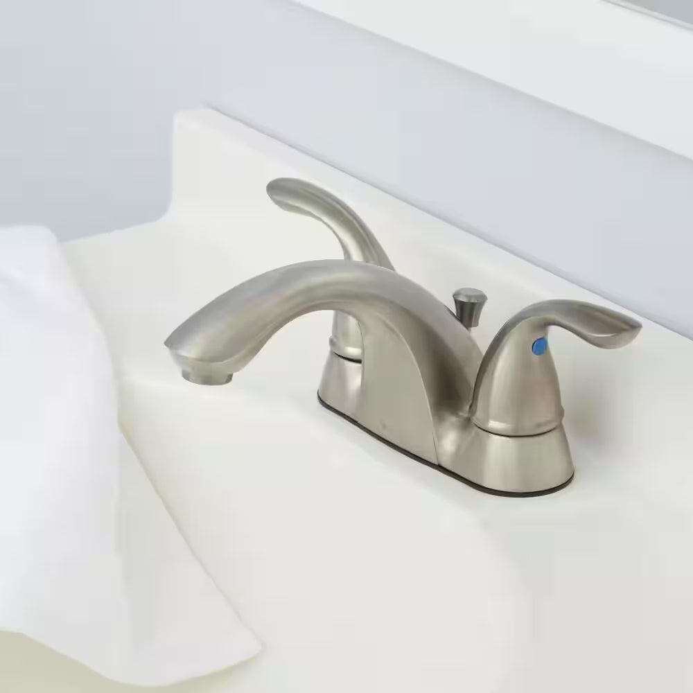Builders 4 In. Centerset Double Handle Low-Arc Bathroom Faucet in Brushed Nickel
