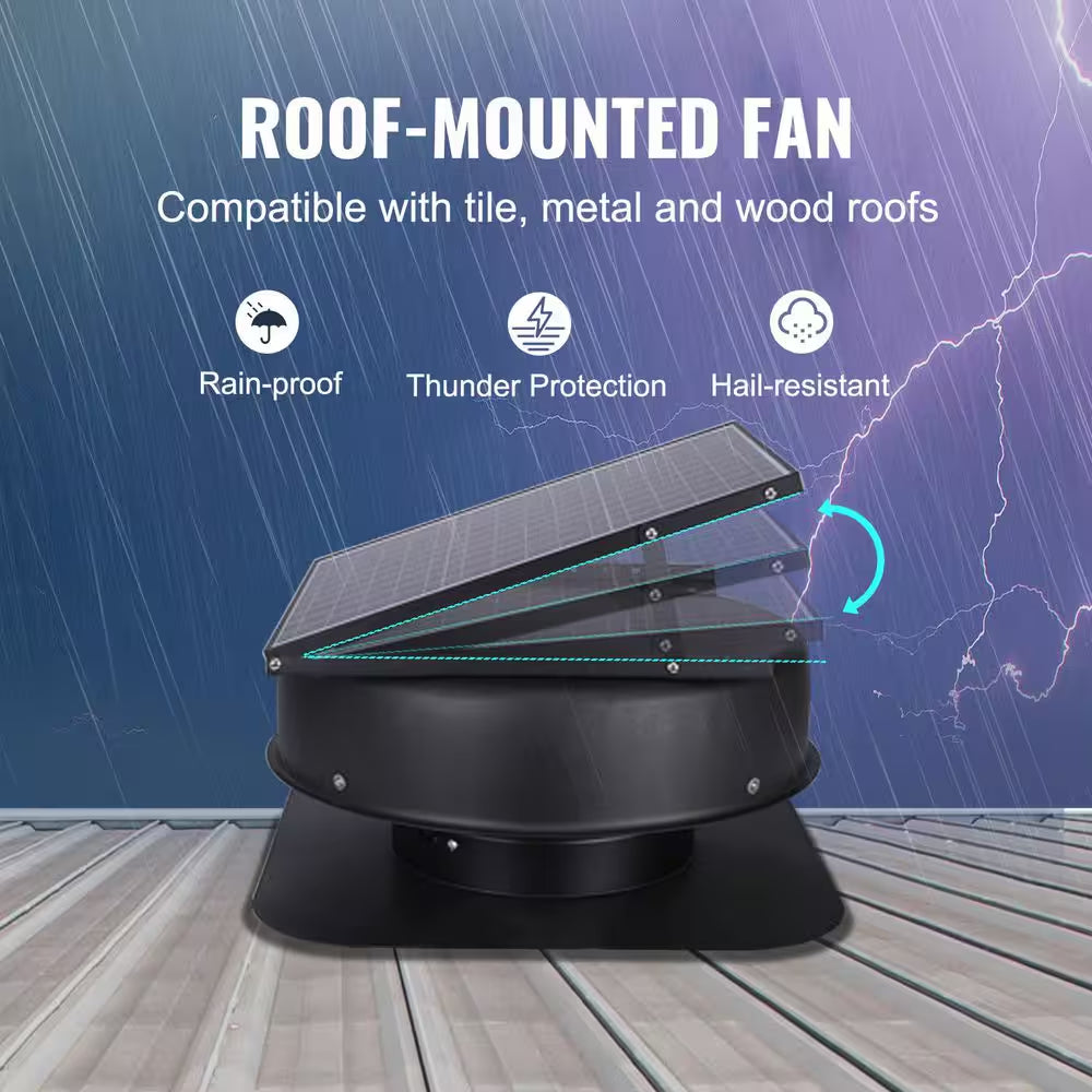 Solar Attic Fan, 40 W, 1230 CFM High Airflow Roof Vent Fan, Weatherproof with 110 V Smart Adapter Black 2025 Update