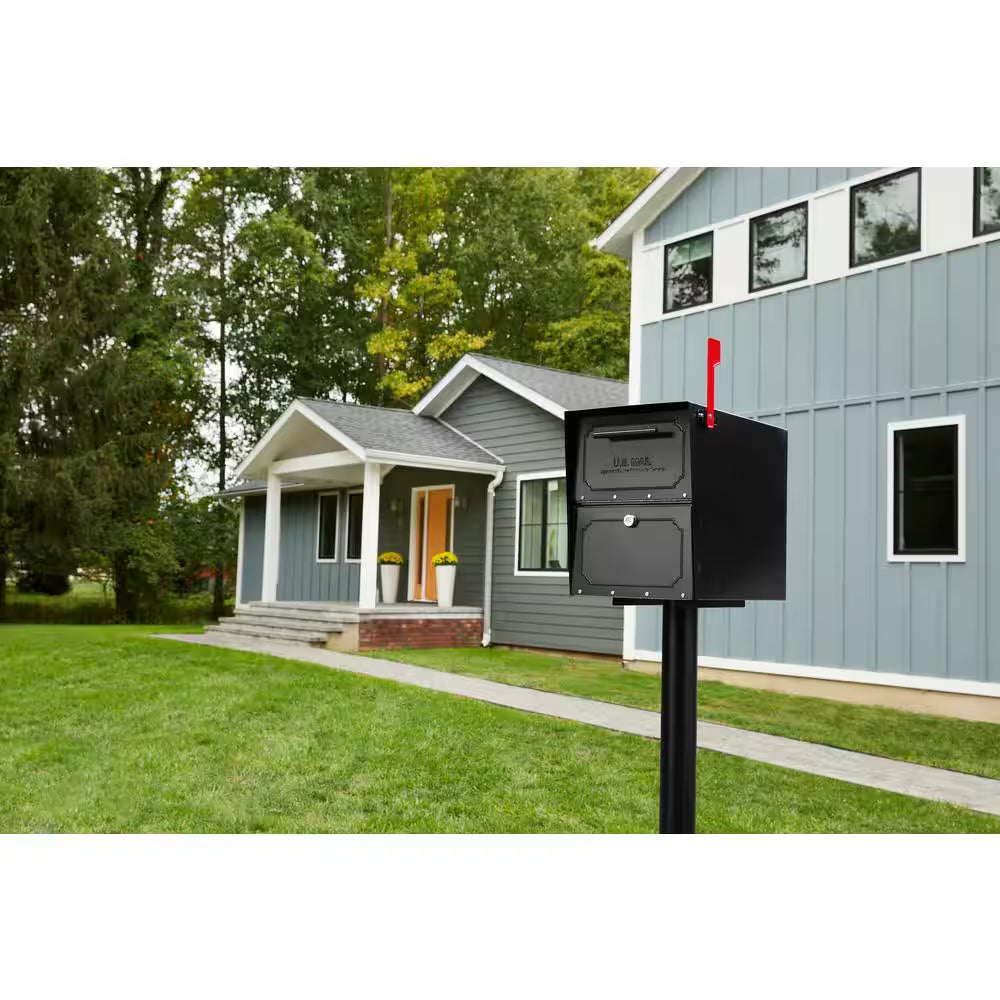Oasis Classic Black, Extra Large, Steel, Locking, Post Mount Parcel Mailbox with High Security Reinforced Lock