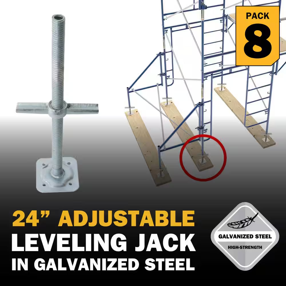 24-Inch Galvanized Steel Adjustable Leveling Jacks with Heavy-Duty Base Plate and Wing Nut Screw for Scaffolds, 8-Pack