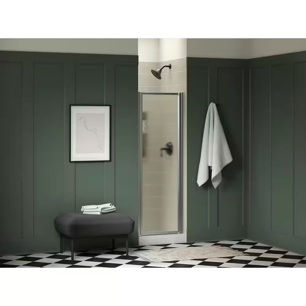 Standard 24-25 In. W X 64 In. H Pivot Shower Door in Silver with 1/8 In. Thick Rain Textured Glass