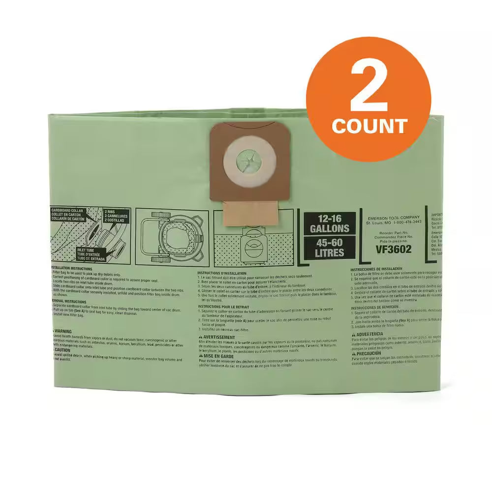 Genuine VF3602 Wet Dry Vac Cyclonic Dry Pick-Up Only Dust Bags for Select 12-16 Gal.  Shop Vacuums, Size a (2Pk)