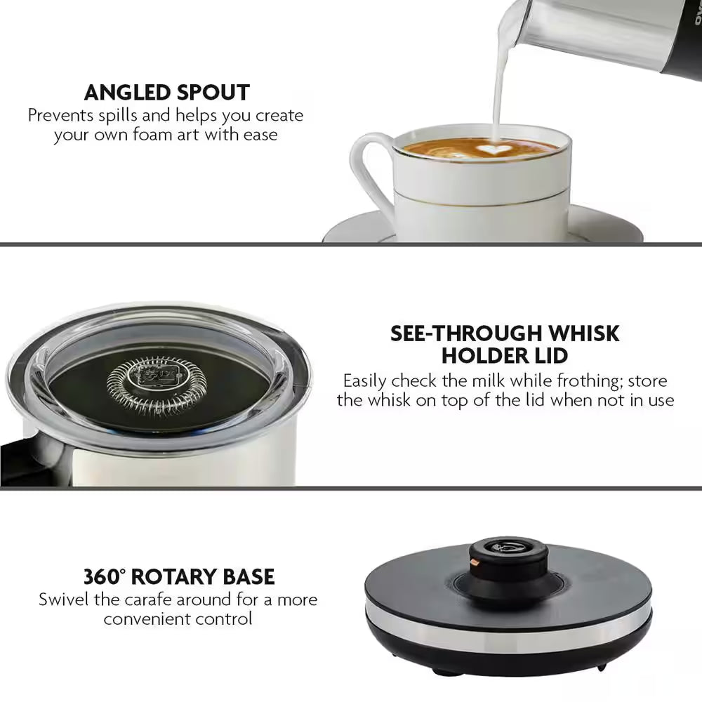 8.1 Oz. Black Stainless Steel Electric Milk Frother 3 in 1-Warming, Heating and Frothing, See through Lid