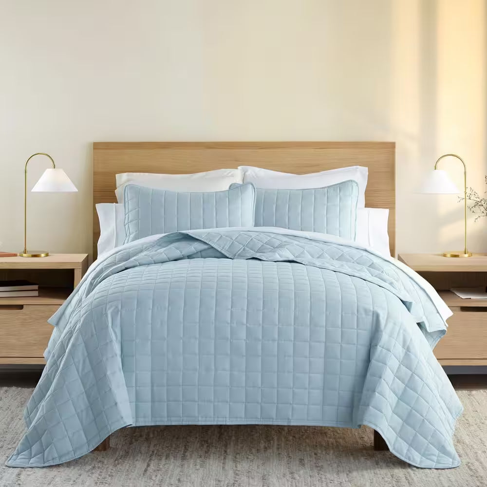 Square Pale Blue Queen Performance Quilted Coverlet Set