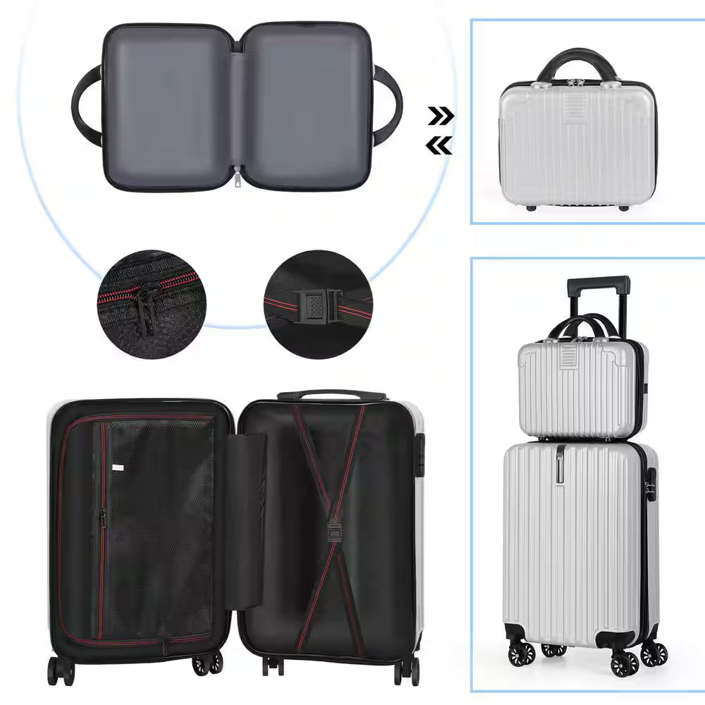 2-Piece Carry on Luggage Set Hard Side Lightweight Suitcase with 4 Spinner Wheels(14/20, Silver)