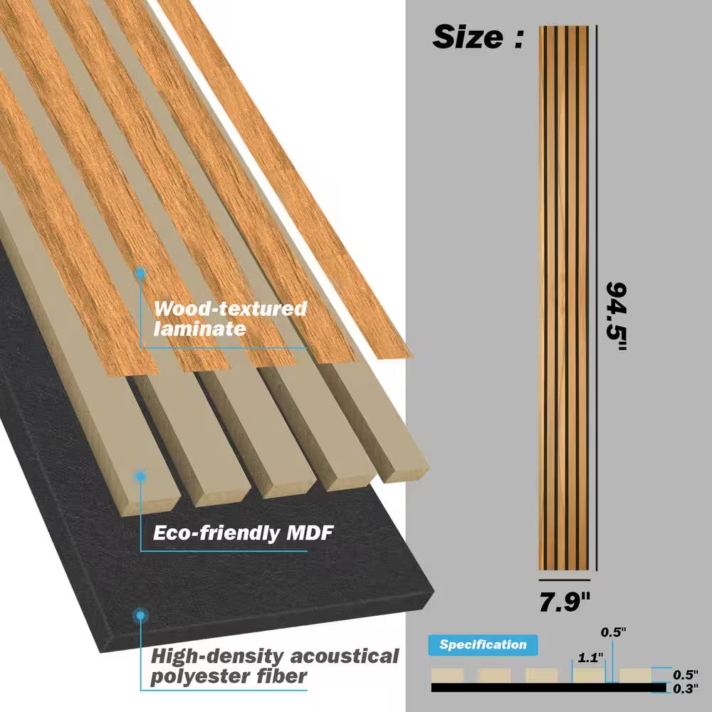 3/5 Ft. X 8 Ft. X 4/5 In. Wood Slat Acoustic Panels, MDF Decorative Teak Wall Paneling (4-Piece/21 Sq. Ft.)