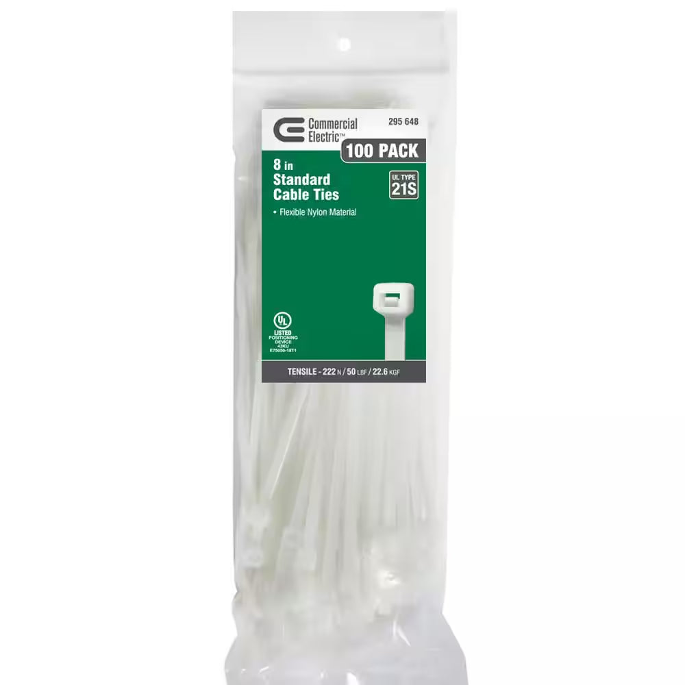 8In Standard 50Lb Tensile Strength UL 21S Rated Cable Zip Ties 100 Pack Natural (White)