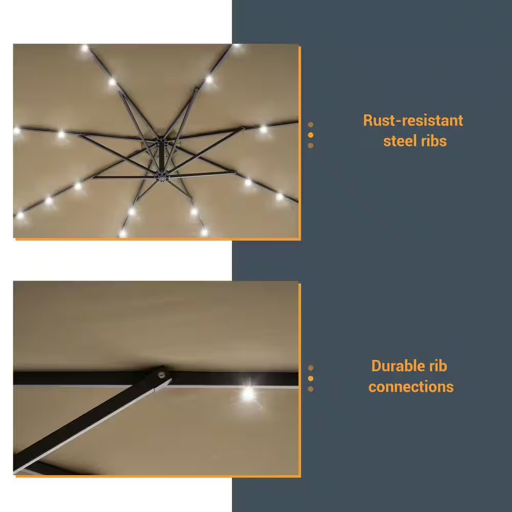 10 Ft. Patio Offset Solar LED Umbrellas 50 plus UV Protection Cantilever outside Umbrellas, Taupe