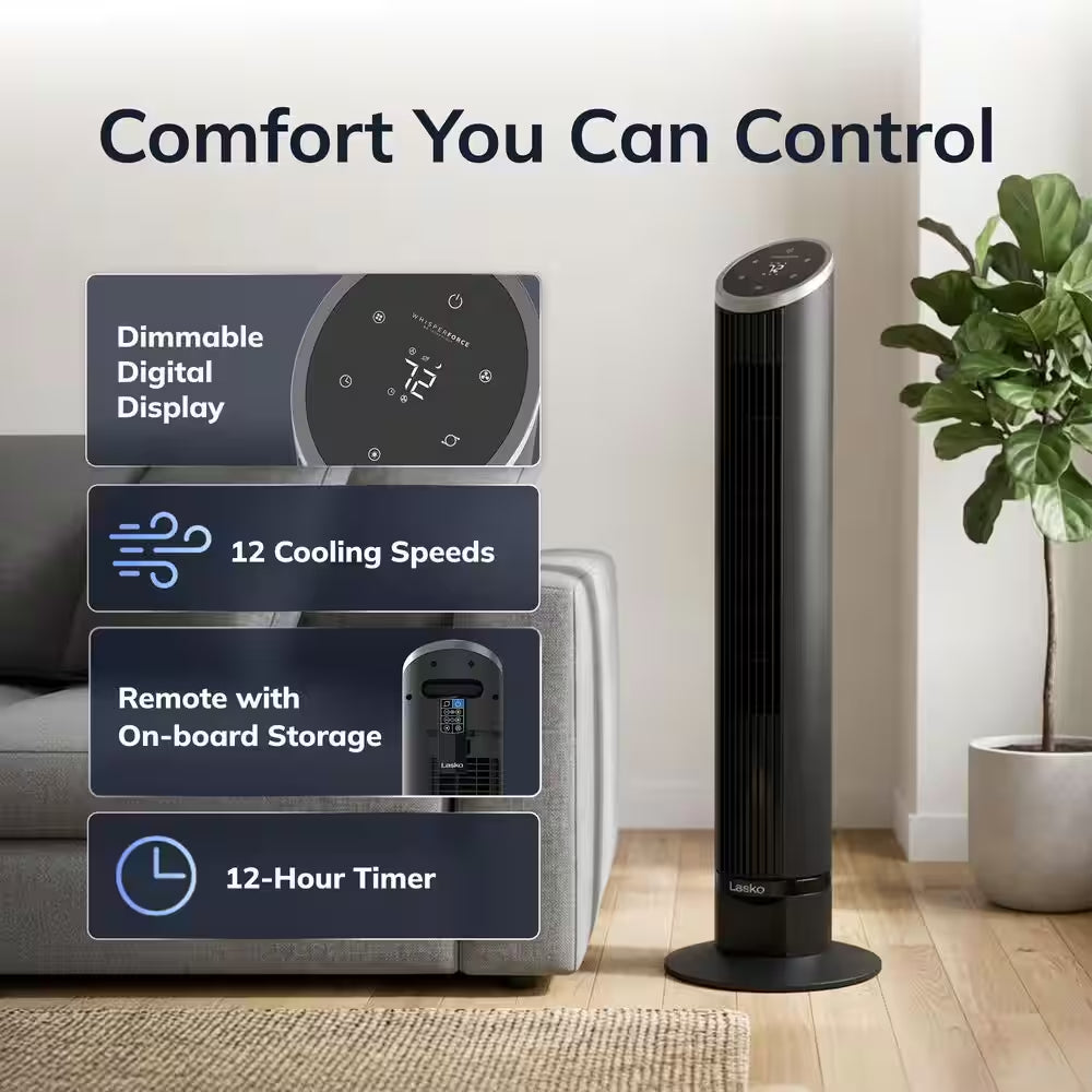 36 In. 12-Speed Oscillating Tower Fan in Black with Quiet DC Motor for Bedrooms, 4-Fan Modes, Timer, Remote, 11 In. Dia