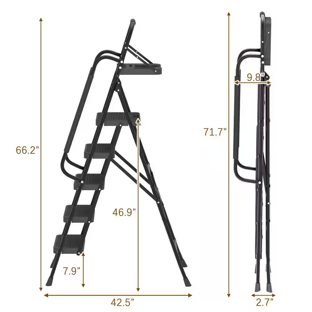 5.5 Ft. Reach Folding 5-Step Steel Ladder,Step Stool with Handrails,Tool Plateform,Non-Slip Wide Pedal, 330 Lbs.Capacity