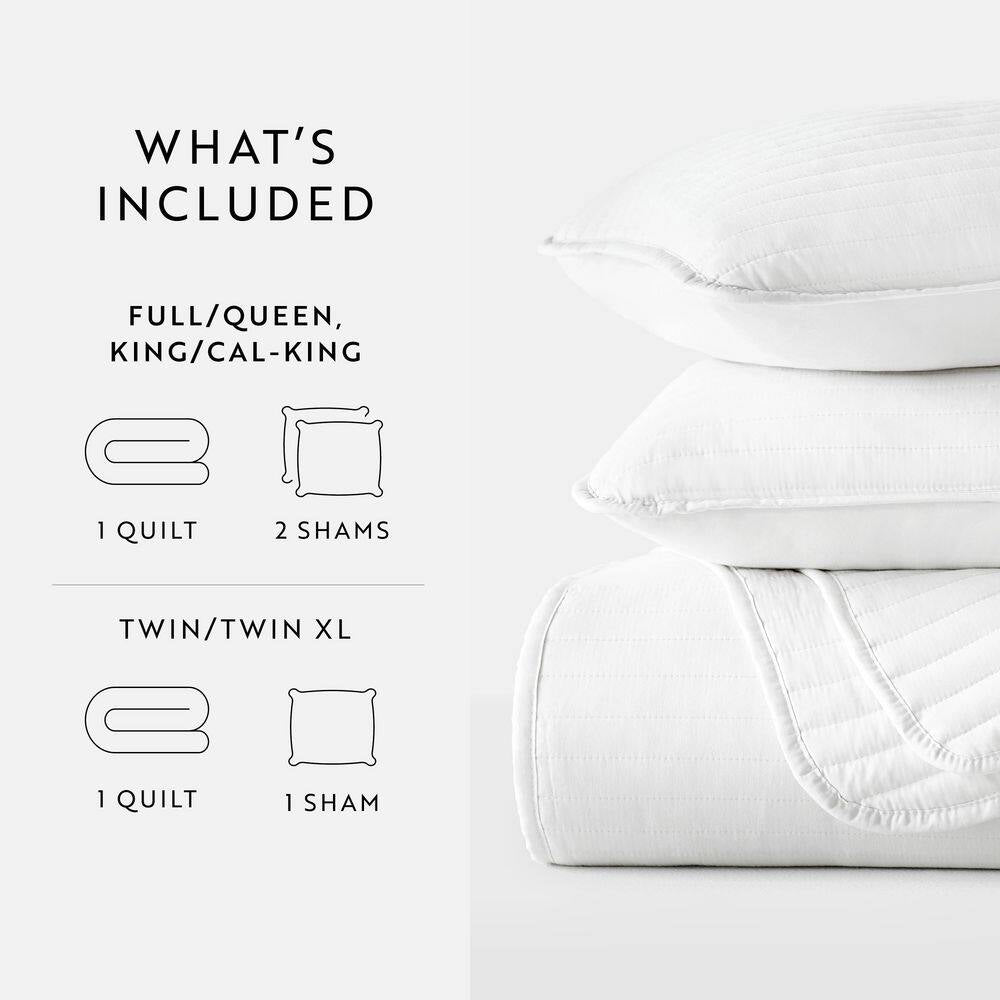 All Season 3-Pcs White Microfiber Twin/Twin XL Stripe Stitch Quilt Set with Shams