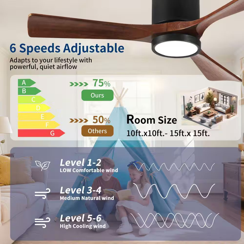 42 Inch Indoor Black Solid Wood 6 Speeds Remote Ceiling Fan with 3 Colors Dimmable LED Light and Reversible DC Motor