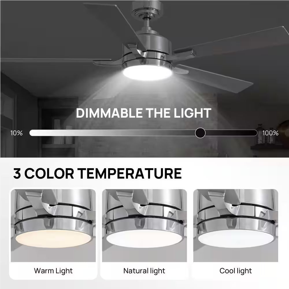 52 In. Indoor Modern Chrome Ceiling Fan with LED Light and Remote Control for Bedroom and Living Room