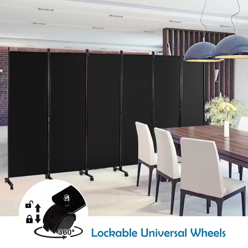 6-Panel Folding Room Divider 6 Ft. Rolling Privacy Screen with Lockable Wheels Black