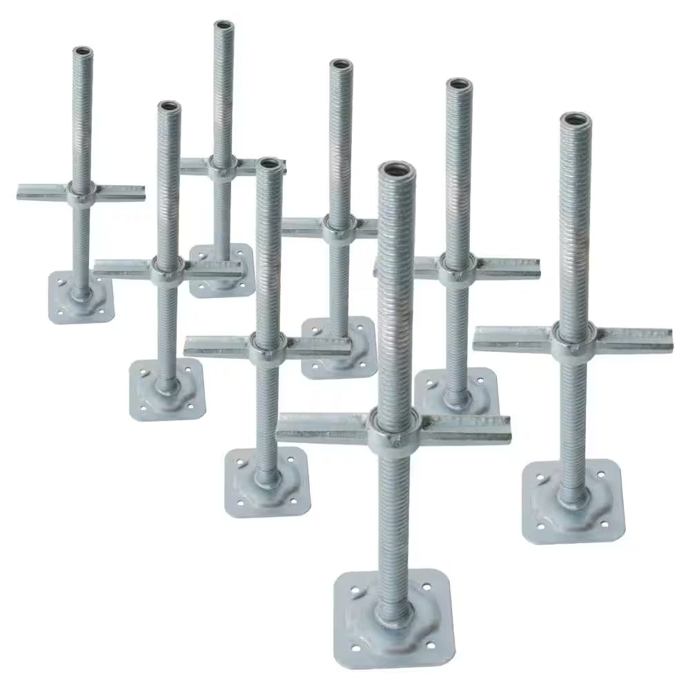24-Inch Galvanized Steel Adjustable Leveling Jacks with Heavy-Duty Base Plate and Wing Nut Screw for Scaffolds, 8-Pack