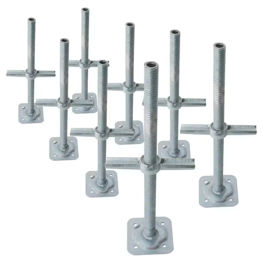 24-Inch Galvanized Steel Adjustable Leveling Jacks with Heavy-Duty Base Plate and Wing Nut Screw for Scaffolds, 8-Pack