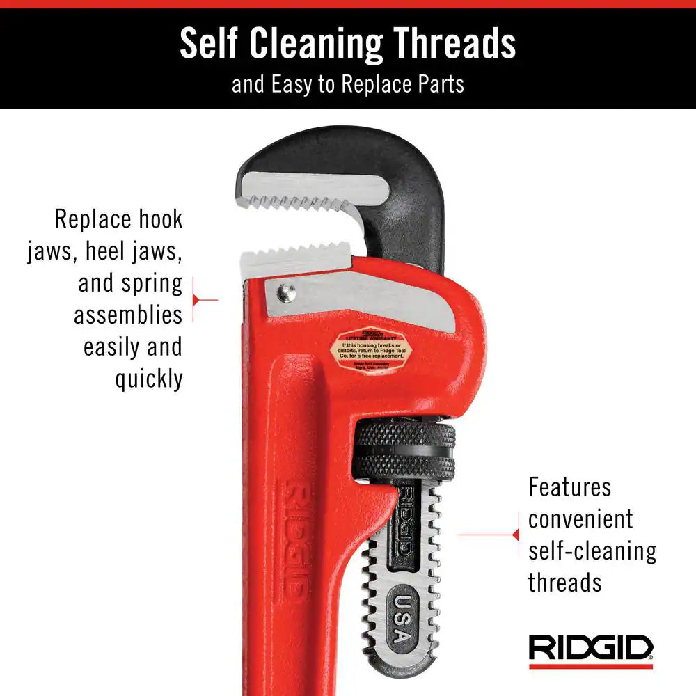 14 In. Straight Pipe Wrench for Heavy-Duty Plumbing, Sturdy Plumbing Pipe Tool with Self Cleaning Threads and Hook Jaws