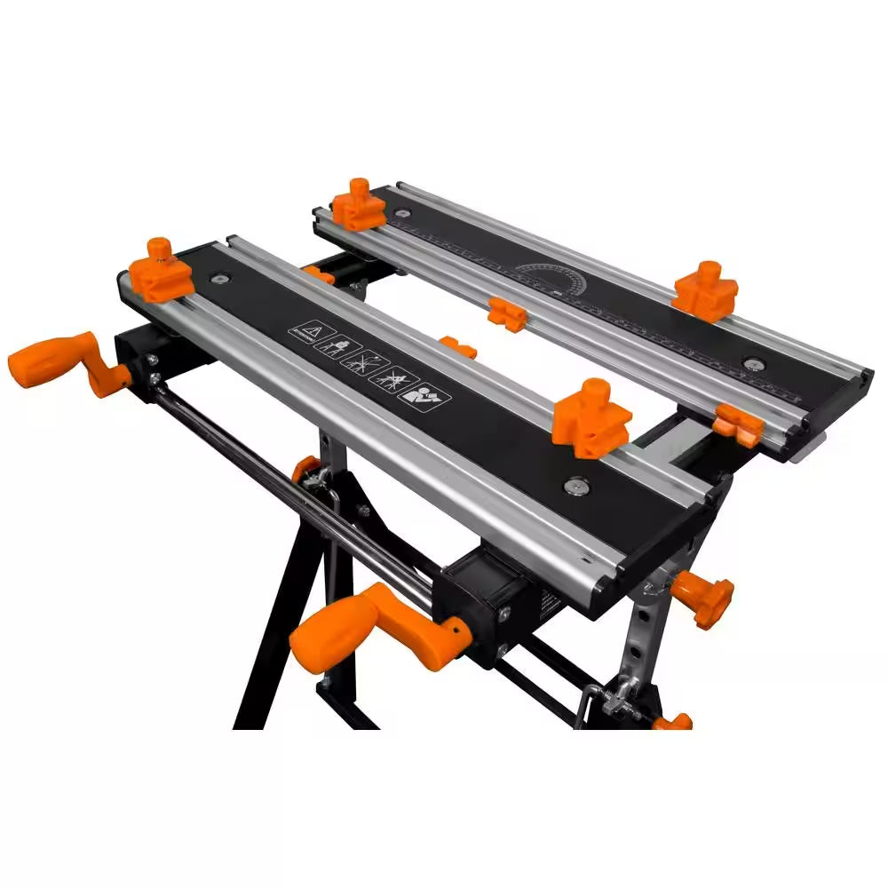 24 In. H Tilting Steel Adjustable Portable Work Bench Sawhorse and Vise with 8 Sliding Clamps