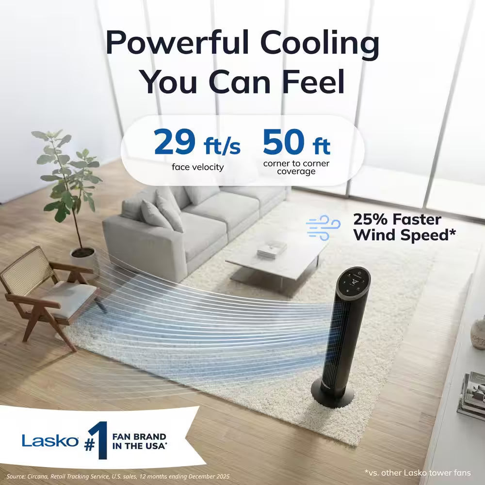36 In. 12-Speed Oscillating Tower Fan in Black with Quiet DC Motor for Bedrooms, 4-Fan Modes, Timer, Remote, 11 In. Dia