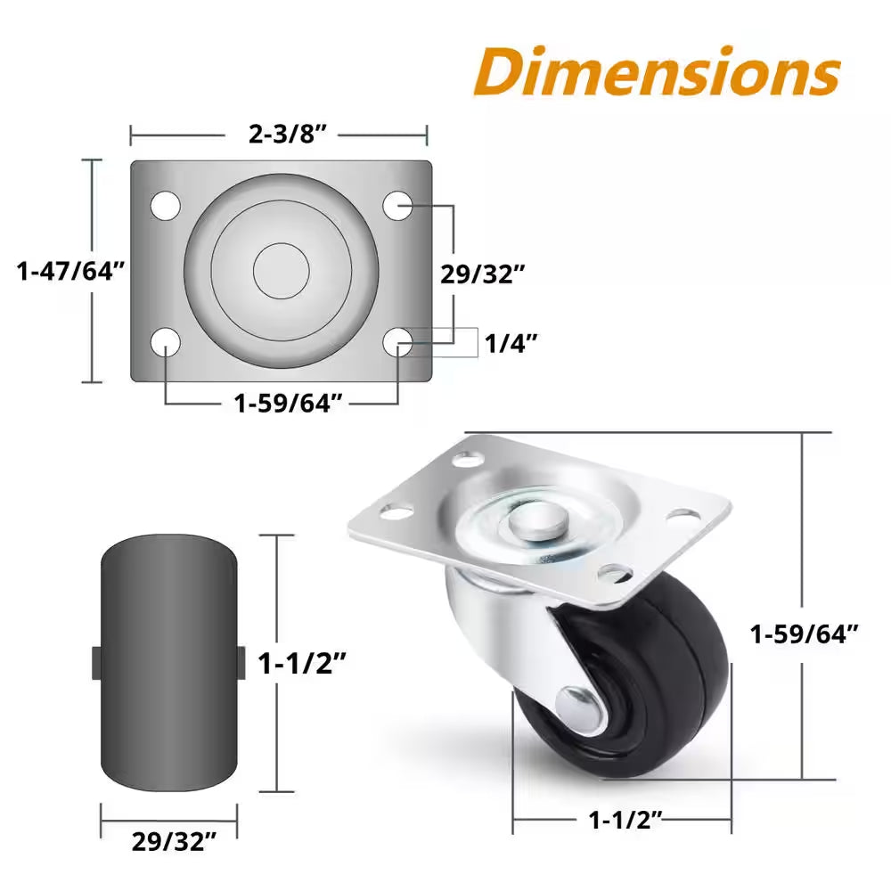 1-1/2 In. Swivel Plate Caster Wheels, Low Profile, Rubber Base Castor Wheels (4-Pack)