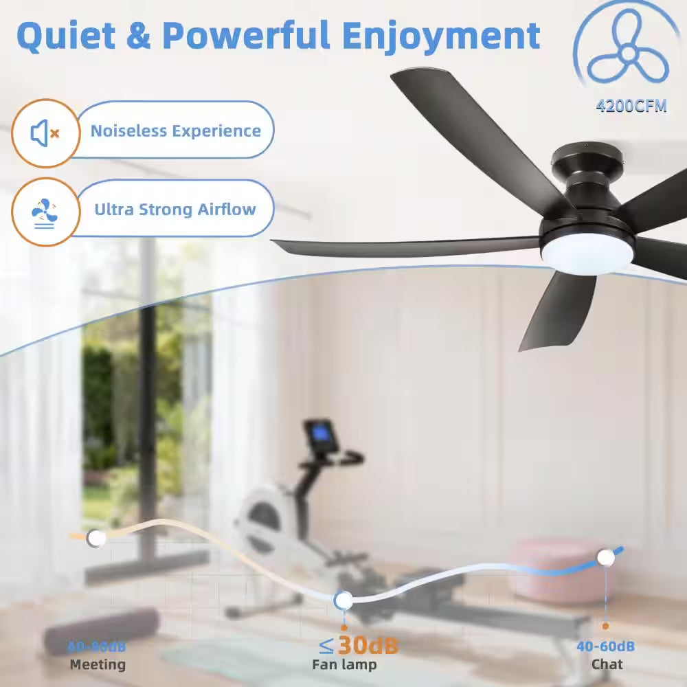 52 in Modern Black 6 Speeds Black Standard Flush Mount Ceiling Fan with 3- Color Dimmable LED Light, APP and Remote