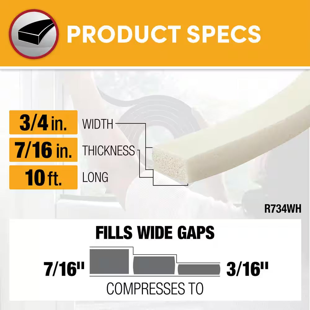 3/4 In. X 7/16 In. X 10 Ft. White High-Density Rubber Foam Weatherstrip Tape