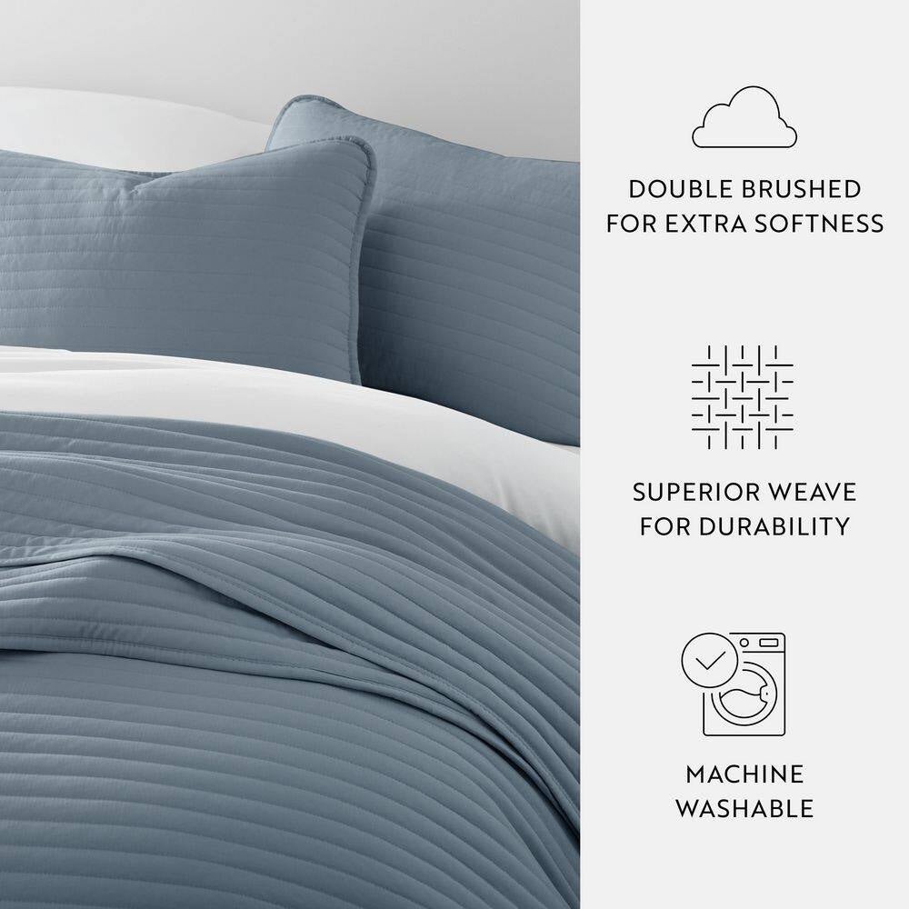 All Season 3-Pcs Dusk Blue Microfiber Twin/Twin XL Stripe Stitch Quilt Set with Shams