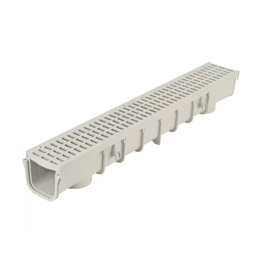 5 In. Pro Series Channel Drain Kit 5-1/2 In. X 39-3/8 In. Deep Channel, Gray Grates, End Caps/Outlet (6-Pack=19.7 Ft.)