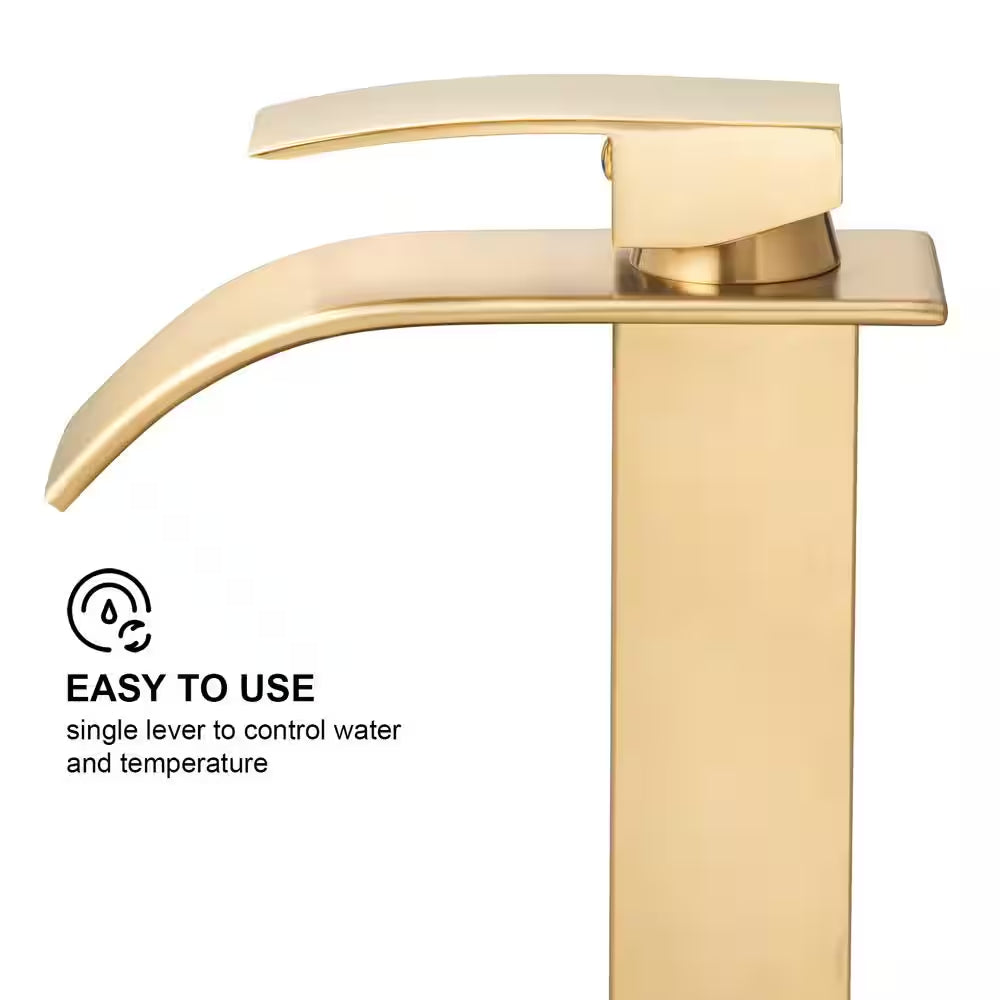 Single-Handle Arc Single-Hole Bathroom Faucet with Waterfall in Brushed Gold