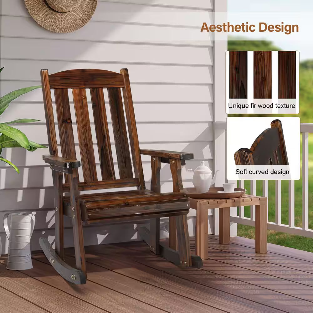 Rustic Heavy Duty 600 Lbs. Wood Outdoor Rocking Chair with Ergonomic Design for Garden, Yard, Patio