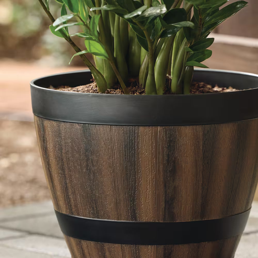 Reedley Medium Kentucky Walnut Brown Resin Wine Barrel Lightweight round Planter (12.8 In. L X 12.8 In. W X 10.5 In. H)