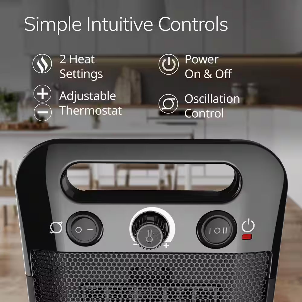 Myheat Go 1500-Watt 12 In. Black Electric Tabletop Ceramic Space Heater with Overheat Protection & Adjustable Thermostat