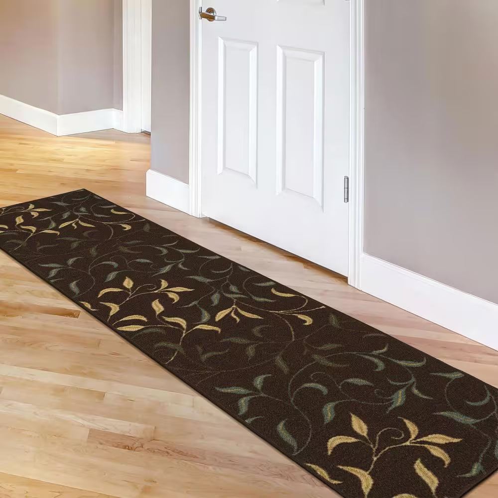 Ottohome Collection Non-Slip Rubberback Leaves Design 3X10 Indoor Runner Rug, 2 Ft. 7 In. X 9 Ft. 10 In., Dark Brown
