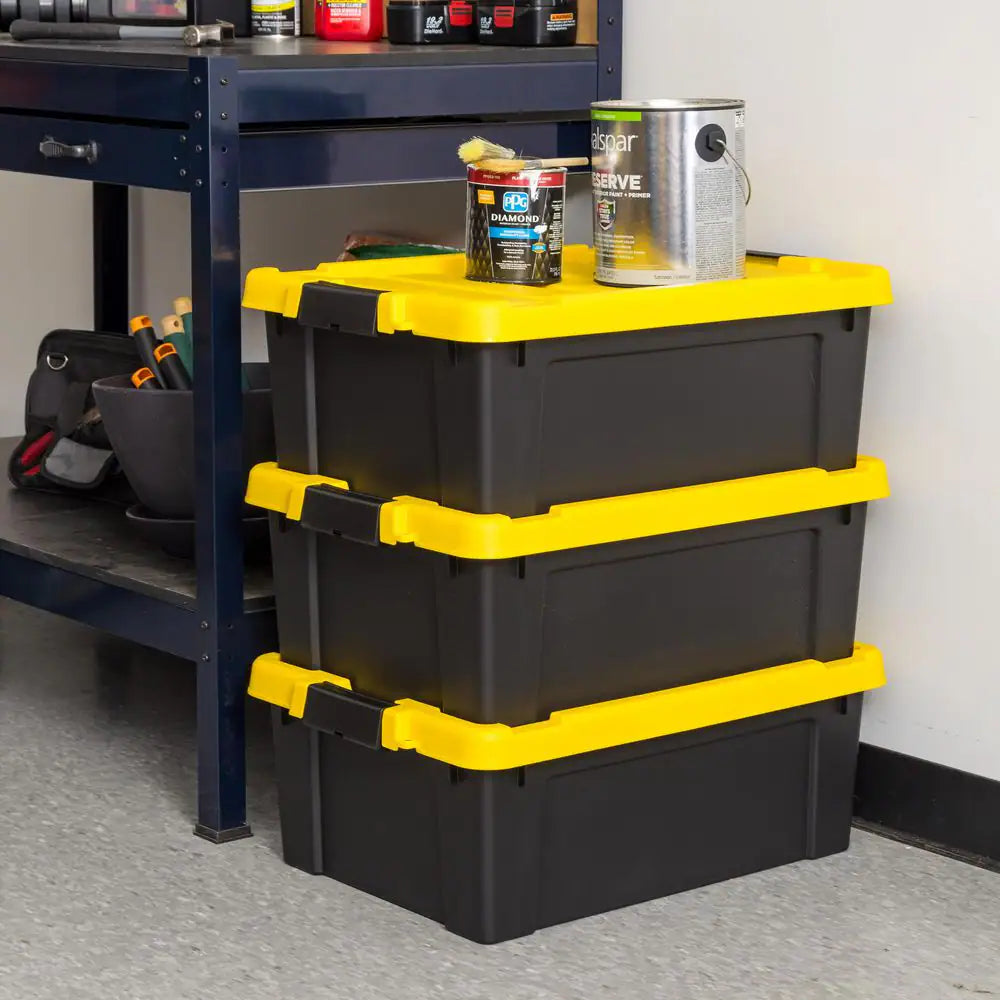 12 Gal. Heavy-Duty Stackable Storage Tote, Black with Yellow Lid (Set of 3)