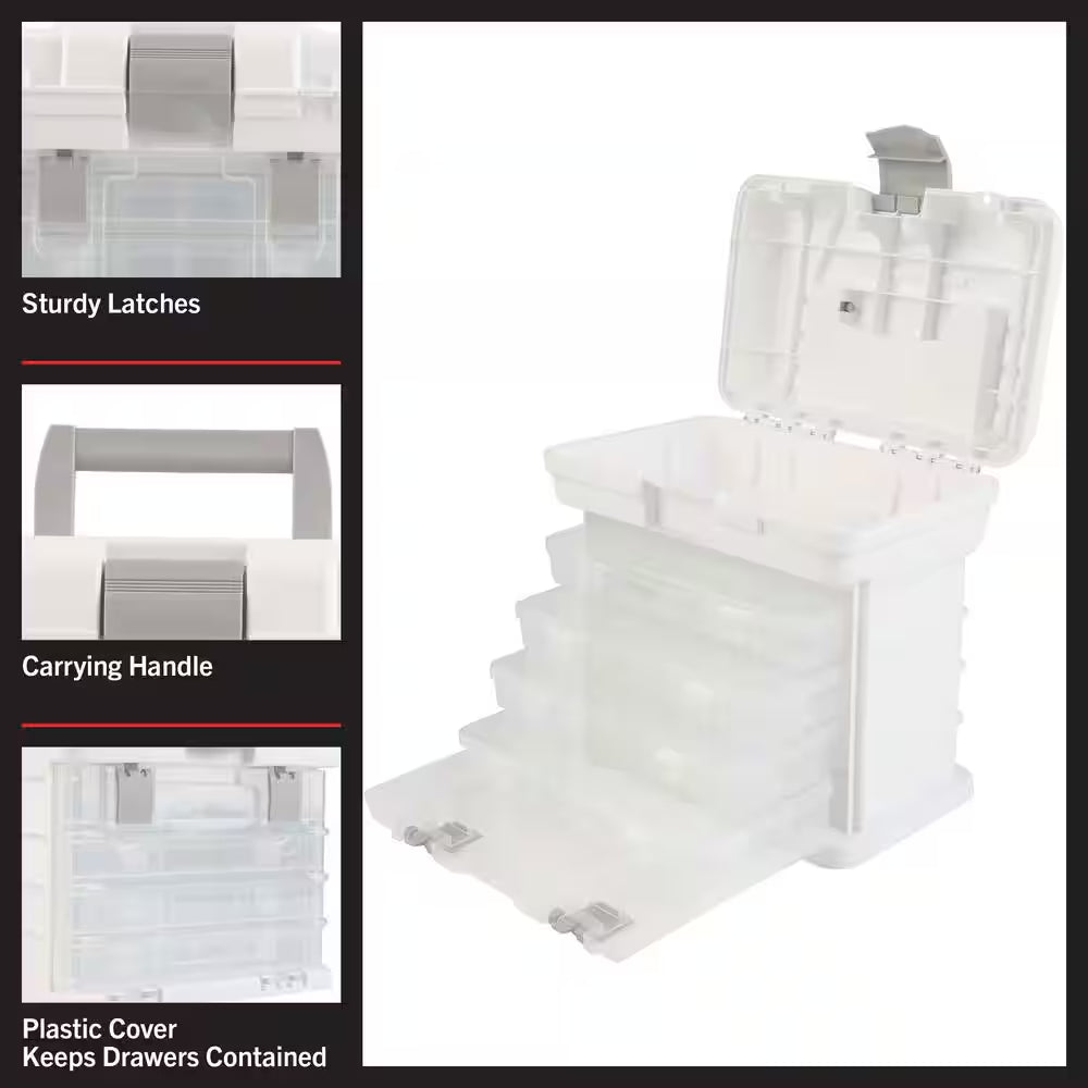 7 In. W - White Plastic 4 Drawer Tool Box for Hardware or Craft Supplies - Portable Tool Box