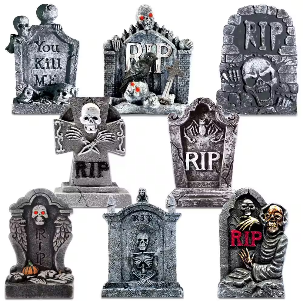 16 In. No-Powered Tombstone Yard Sign (8-Pack) Halloween Yard Decoration, Halloween Sign Decoration with Stakes