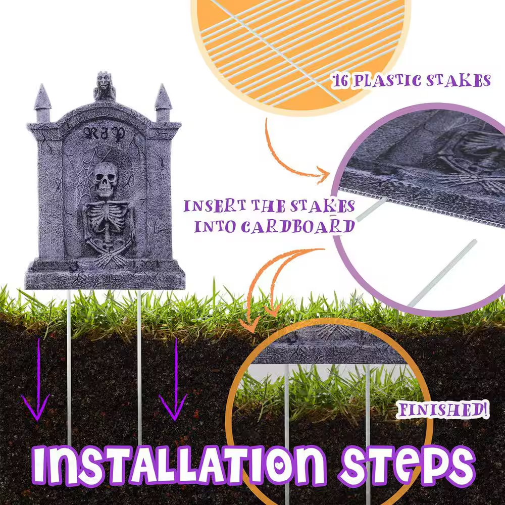 16 In. No-Powered Tombstone Yard Sign (8-Pack) Halloween Yard Decoration, Halloween Sign Decoration with Stakes