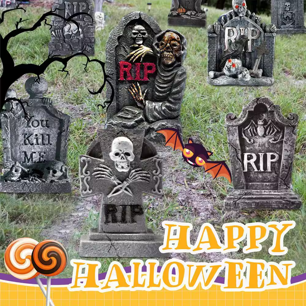 16 In. No-Powered Tombstone Yard Sign (8-Pack) Halloween Yard Decoration, Halloween Sign Decoration with Stakes