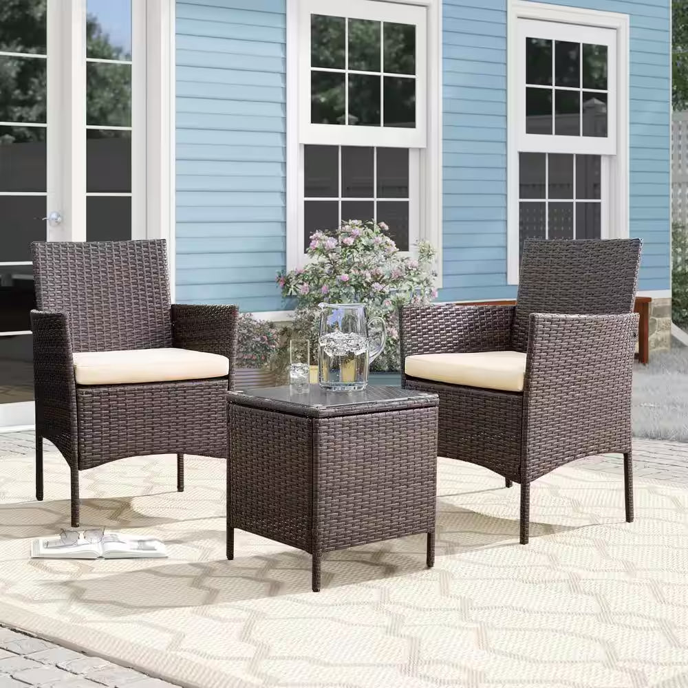 Brown 3-Pieces Patio Furniture PE Rattan Outdoor Conversation Set W/Table Backyard Garden Set with Beige Cushion