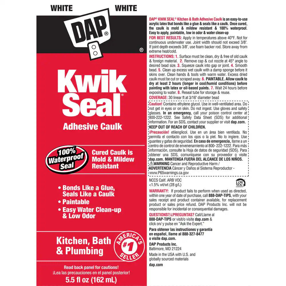 Kwik Seal 5.5 Oz. White Kitchen and Bath Adhesive Caulk