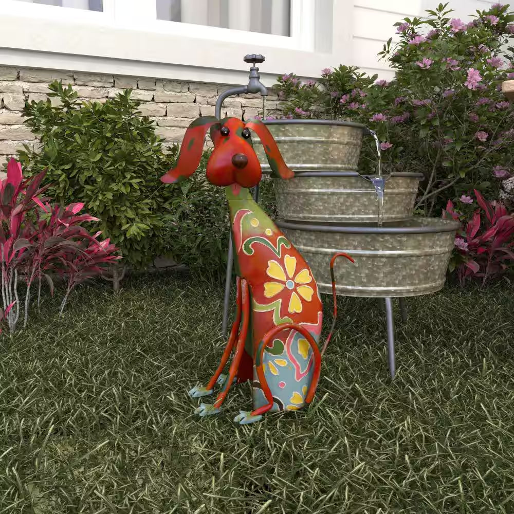 17 In. Metal Indoor Outdoor Dog Garden Sculpture with Floral Pattern
