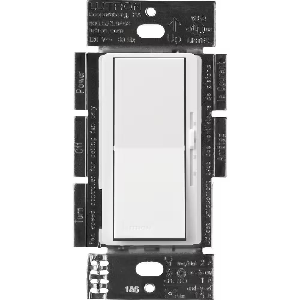 Diva 3-Speed Rocker Fan Control and Light Switch, Single-Pole, 1.5A Fan/1A LED, White (DVFSQ-LFH-WH)