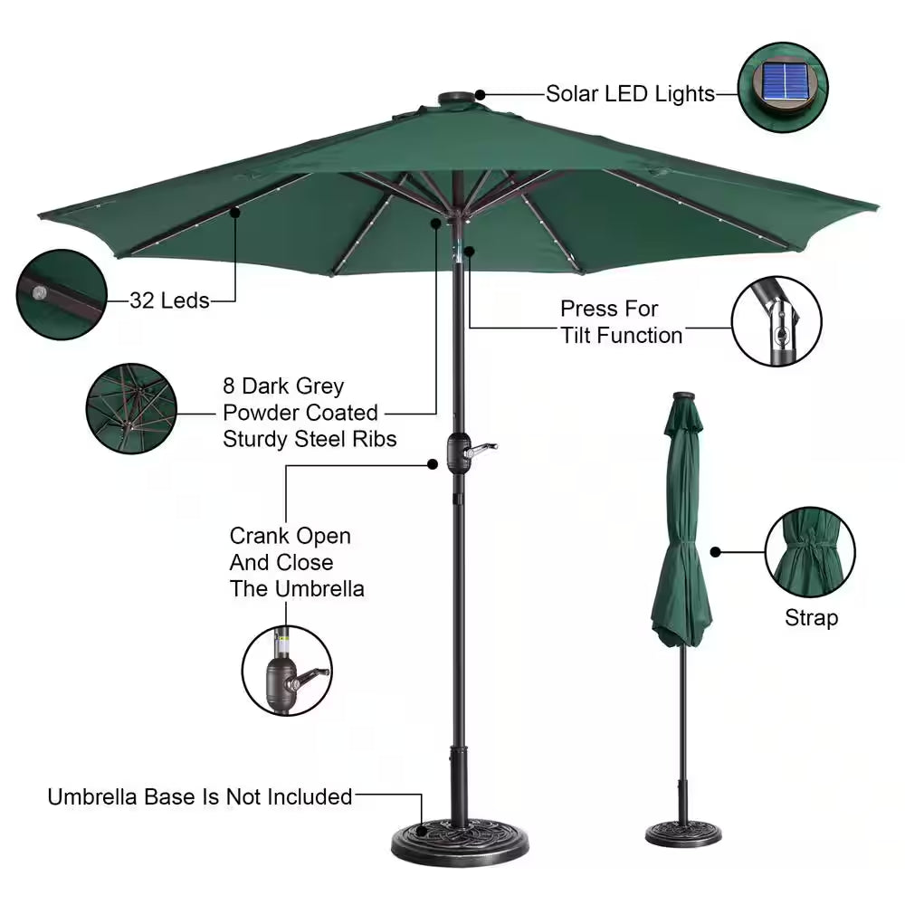 9 Ft. Steel Solar LED Lighted Patio Market Umbrella with Auto Tilt, Easy Crank Lift in Green