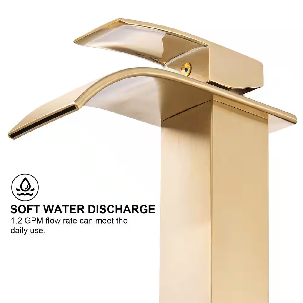 Single-Handle Arc Single-Hole Bathroom Faucet with Waterfall in Brushed Gold