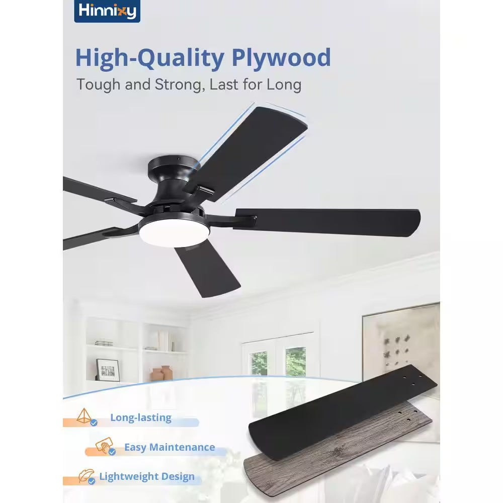 60 Inch Black Modern Flush Mount Ceiling Fan with Light, App/Remote Control Quiet Reversible DC Motor for Living Room