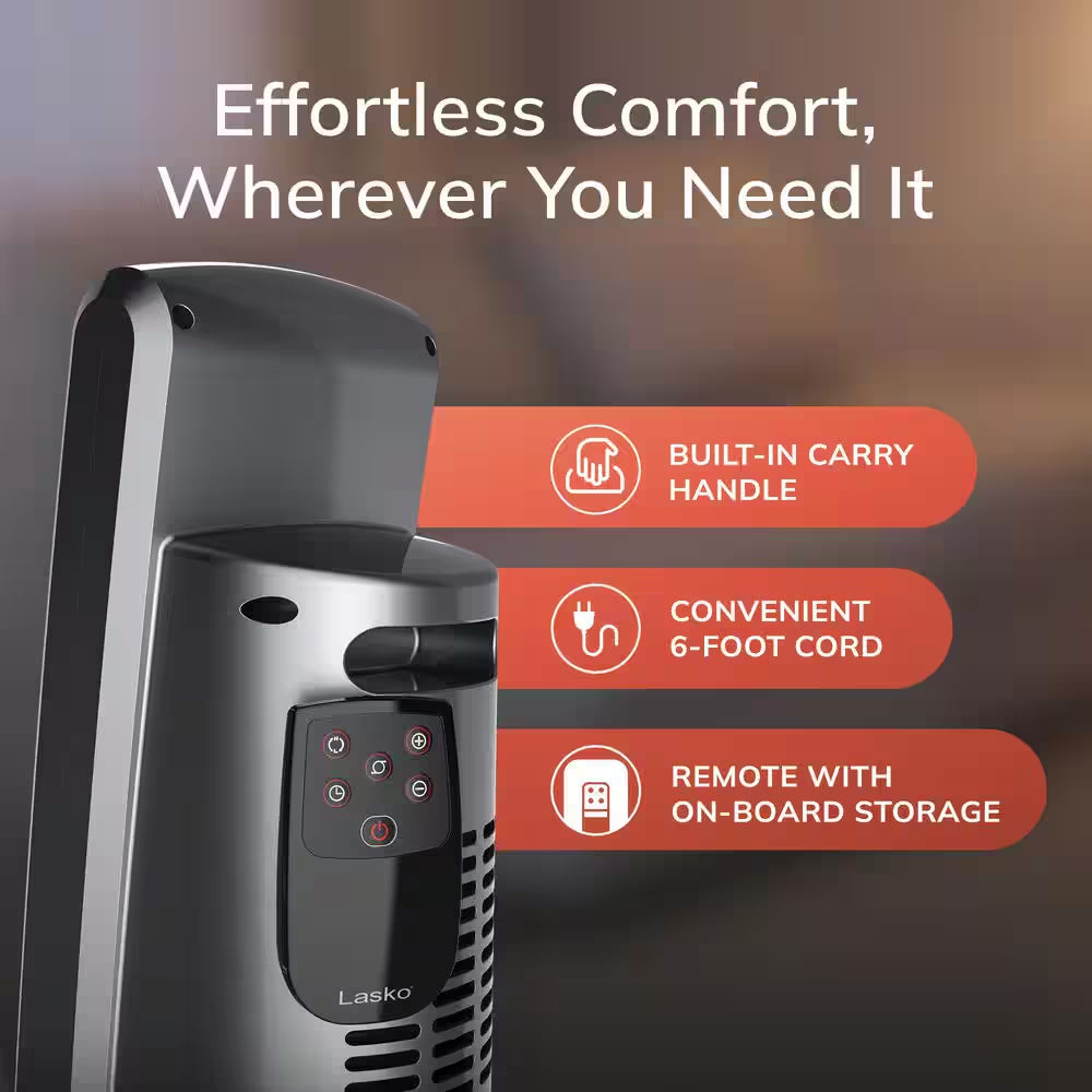 1500W 30 In. Black Indoor Electric Tower Forced Air Ceramic Space Heater with Thermostat, 2-Speeds, Timer, and Remote