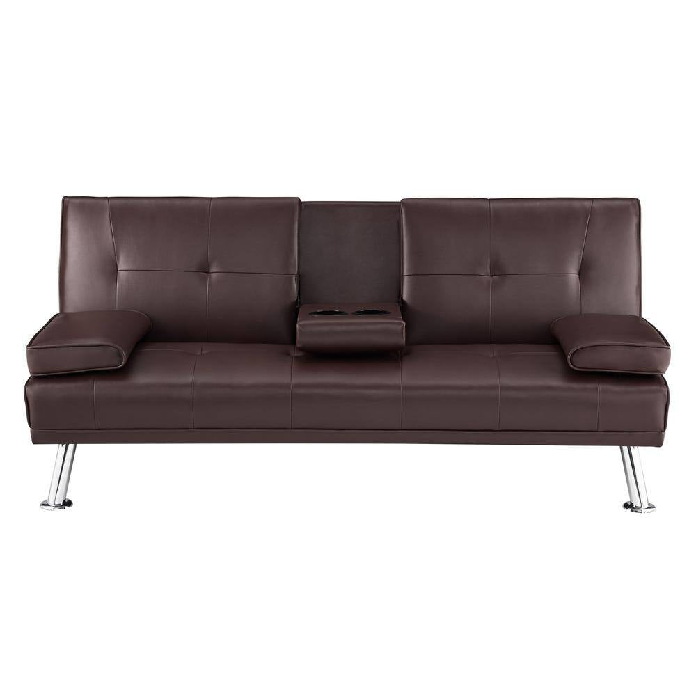 66 in Espresso Futon Sofa Mattress Faux Leather Couch with Armrest and 2-Cupholders Square Arm Rectangle with Metal Legs